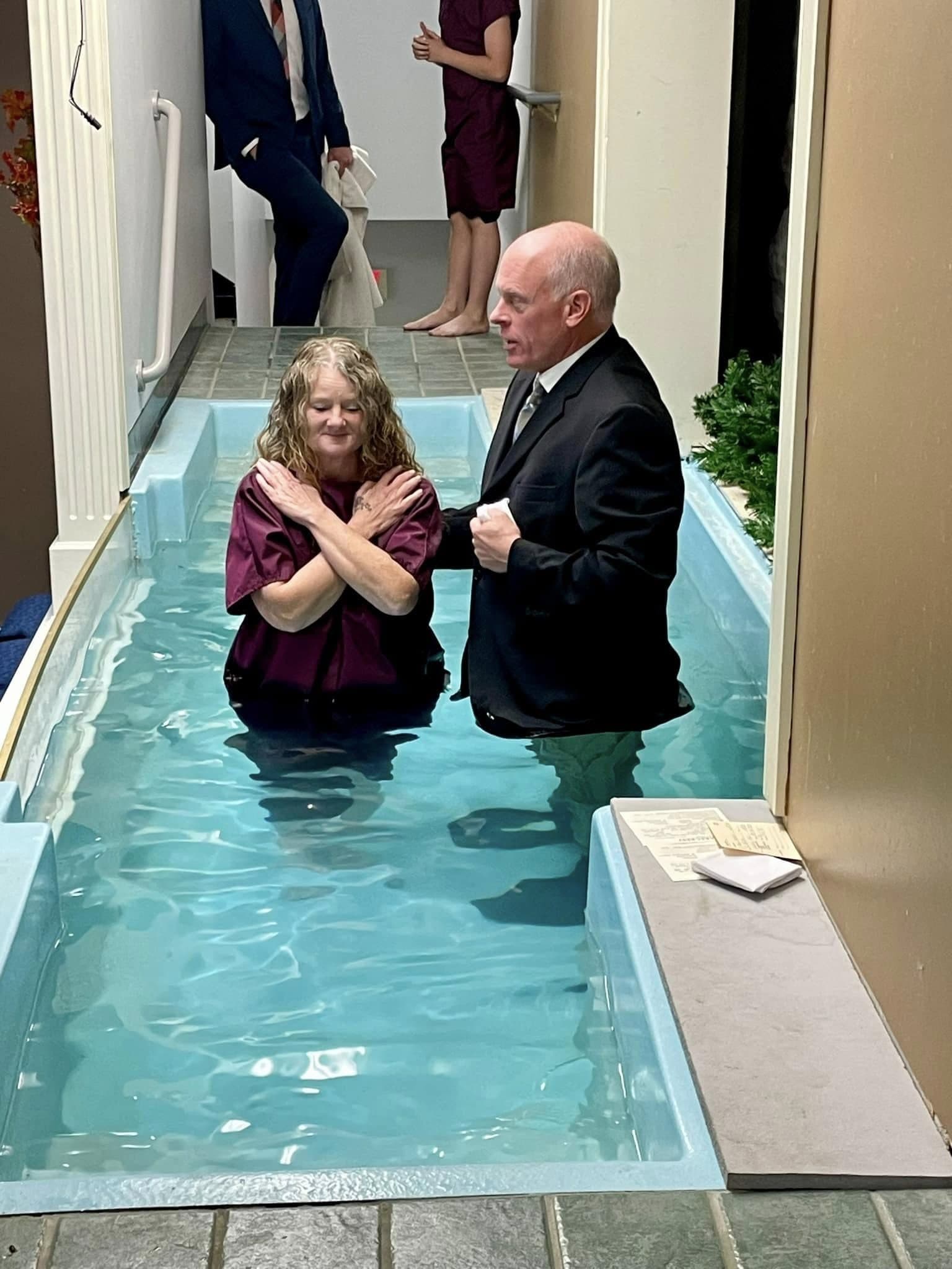 A new believer being baptized at Lakecrest Baptist Church